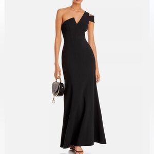 NEW Bloomingdale’s exclusive Aqua dress Black one shoulder ruffled formal gown 2